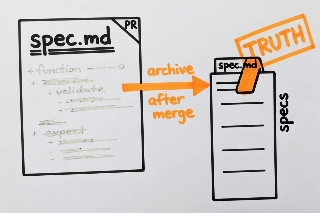 A pull request card with spec.md at the top and a faded code diff, an archive stamp marking TRUTH on a specs drawer