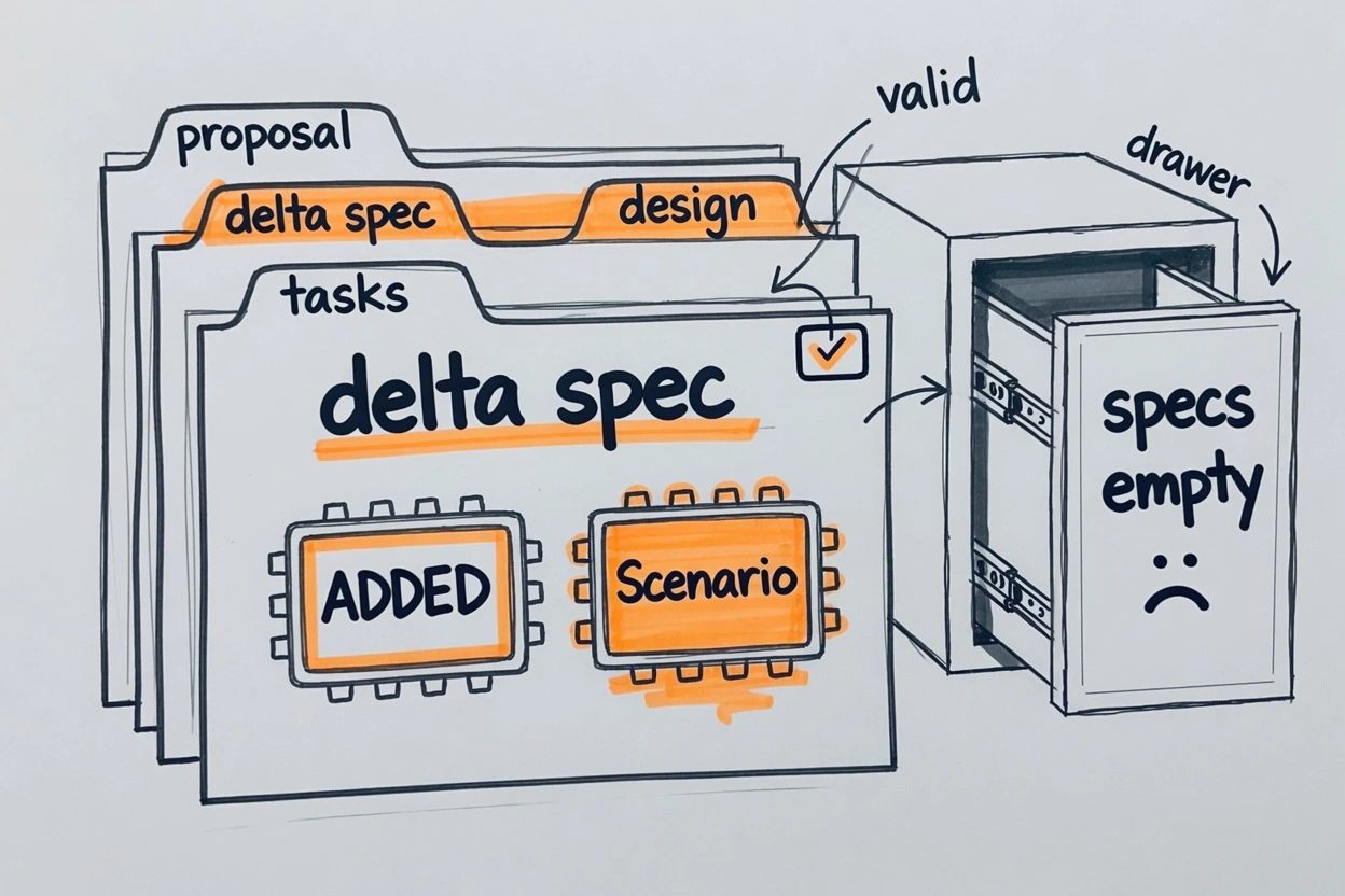 A stacked change folder of proposal, delta spec, design, and tasks with an ADDED Scenario chip, specs drawer still empty