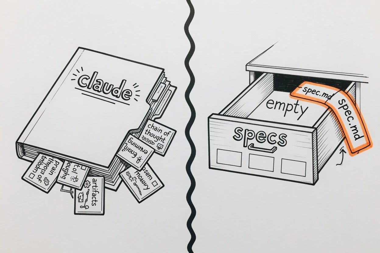 A stuffed .claude folder with six skill cards next to an empty specs drawer with a missing spec.md tab