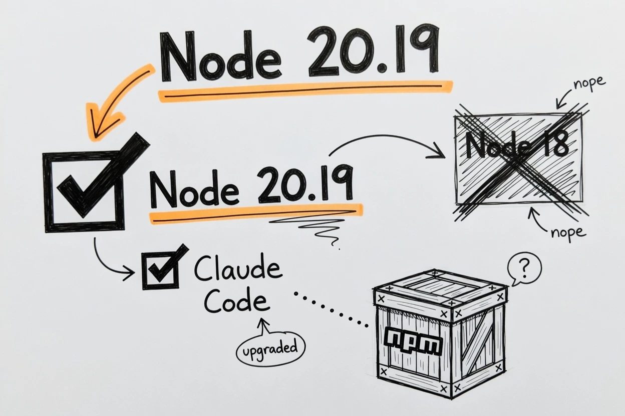 Checked boxes for Node 20.19 and Claude Code, a crossed-out Node 18 box, and a small unopened npm crate