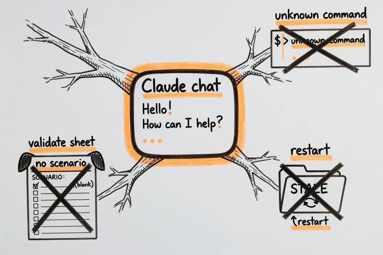 A chat box at the center with three dead branches labeled unknown command, no scenario, and restart