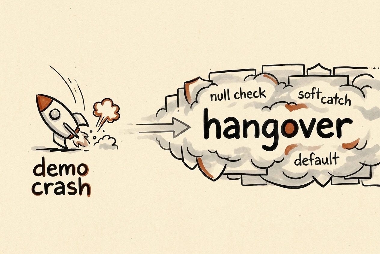 A small demo rocket tips over once while a long fog of shield plates labeled hangover stretches across the page with null check and soft catch labels.