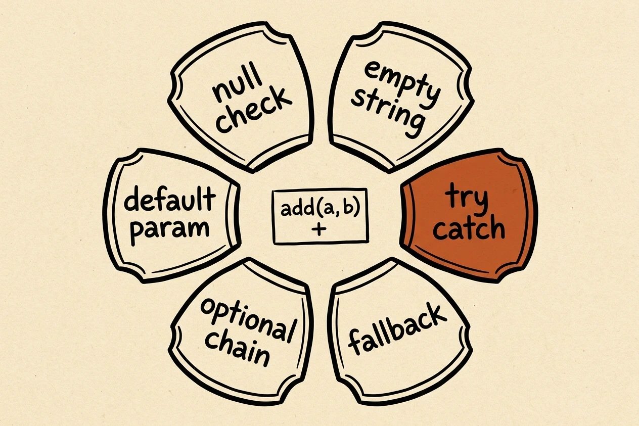 A tiny add(a, b) box sits inside six oversized armor plates labeled null check, empty string, try catch, fallback, optional chain, and default param.