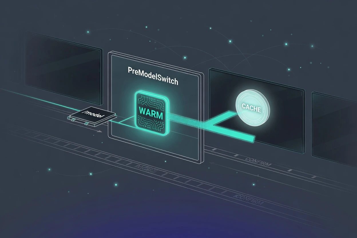 Dark HUD pipeline with a /model chip stopped at a PreModelSwitch gate, a lit WARM chip, a DENY bar, and a still-glowing CACHE orb