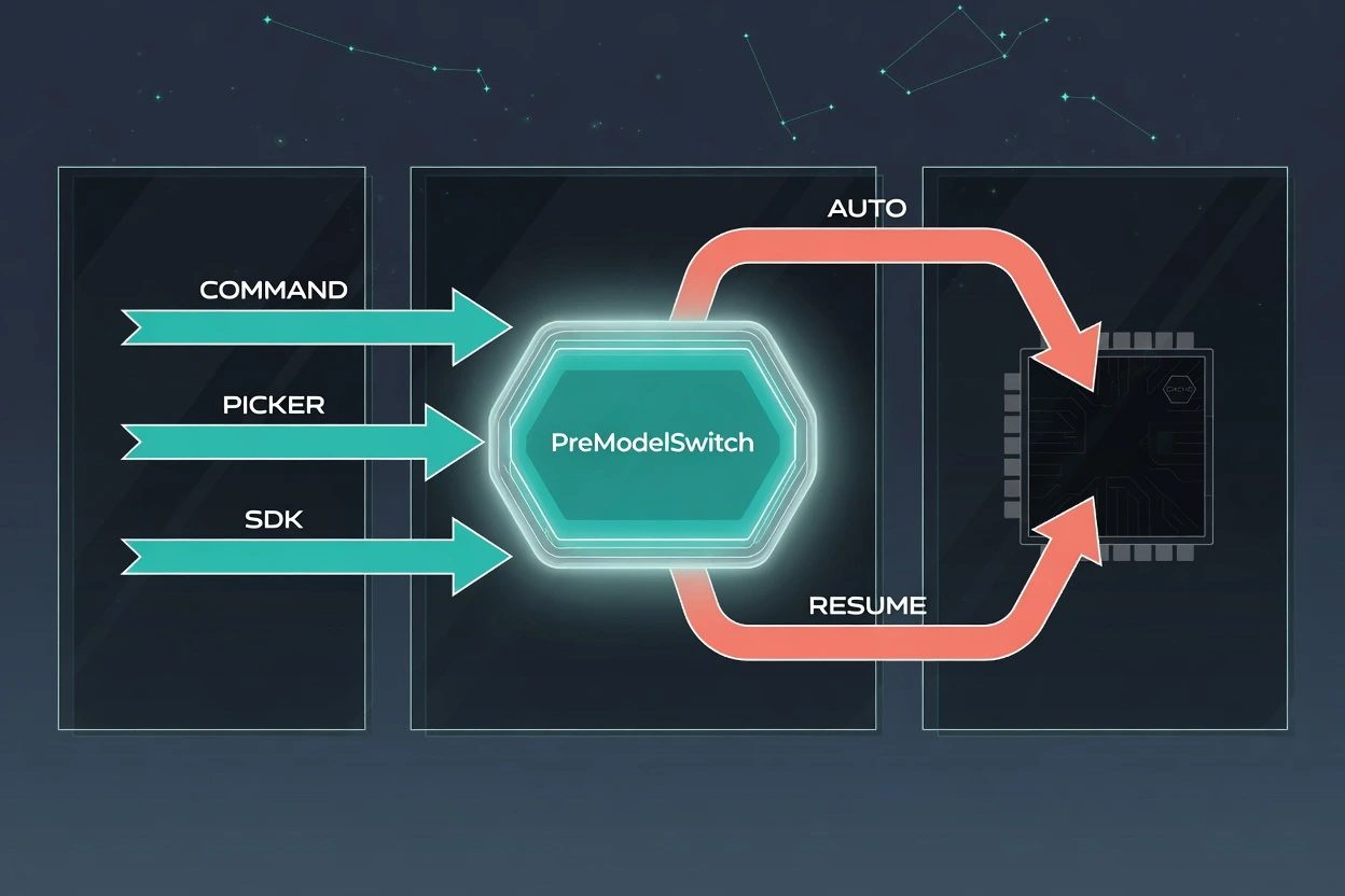 Dark HUD hub labeled PreModelSwitch with teal COMMAND PICKER SDK arrows entering and coral AUTO RESUME arrows skipping around it
