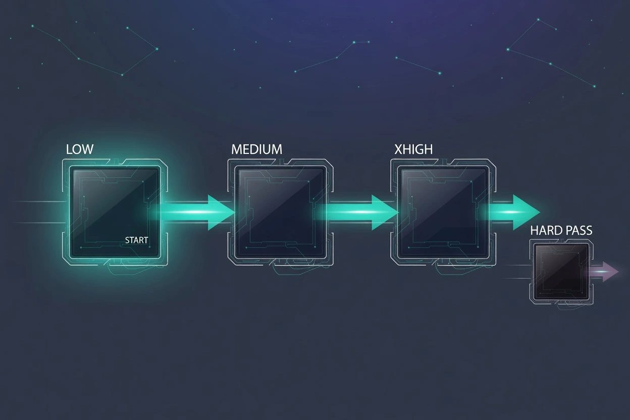 Three glass chips in a row labelled LOW, MEDIUM, and XHIGH, with LOW lit as the start