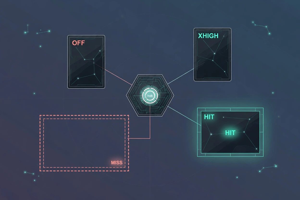 A dark hub with an OFF path missing a box in coral and an XHIGH path hitting the box in teal