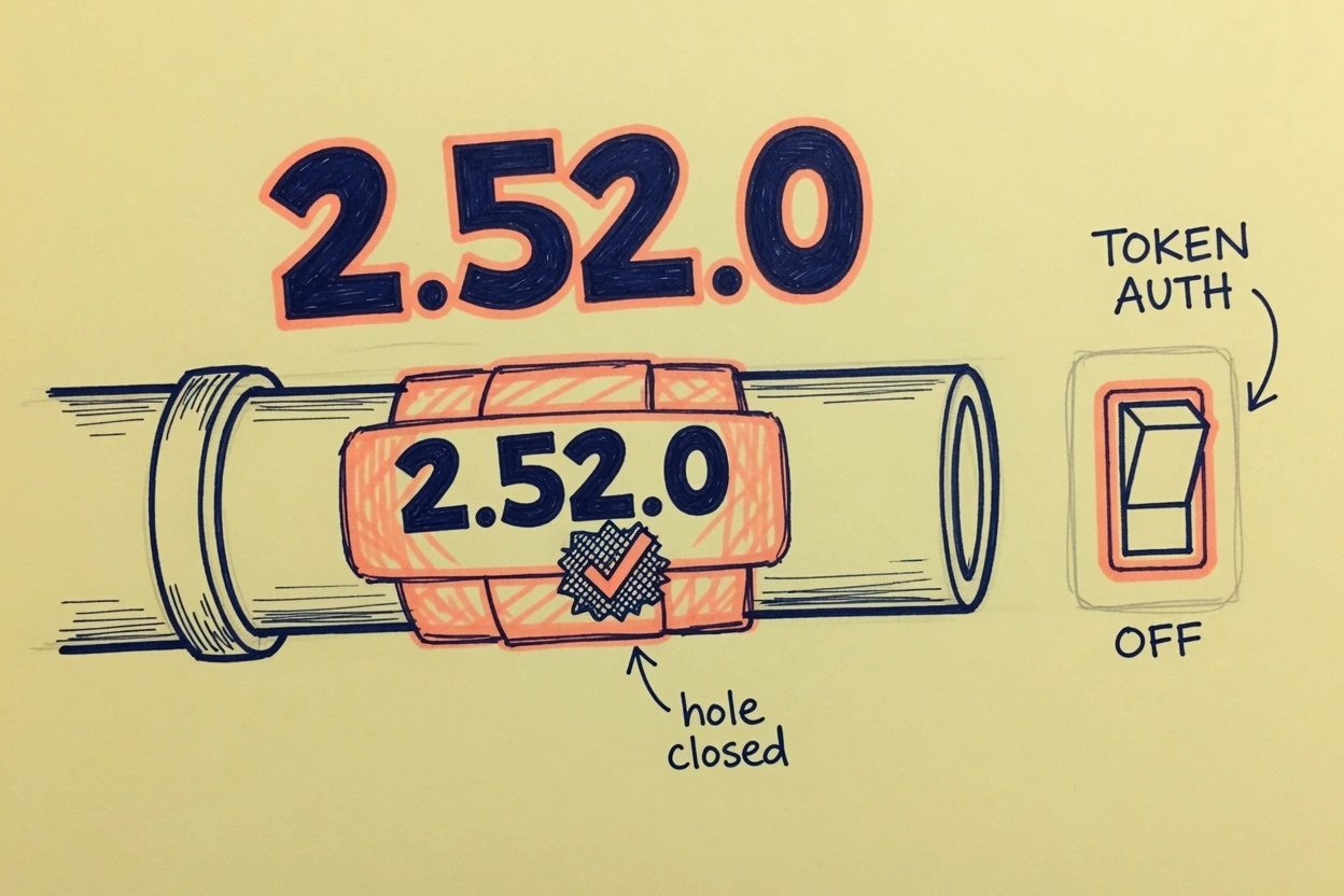 Navy ballpoint drawing of a patched pipe labeled 2.52.0 beside a dim token-auth toggle left in the off position.