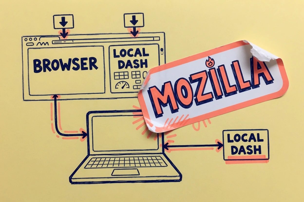 Laptop sketch with a browser and a local dashboard box, a paper sticker labeled Mozilla peeling off the wire between them.