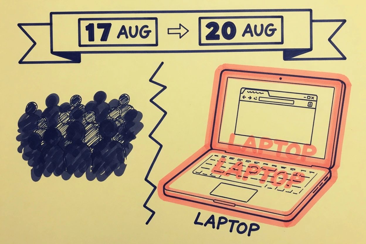 Yellow paper calendar with 17 Aug and 20 Aug, coral highlighter on a laptop and browser, cluster silhouette left dim.