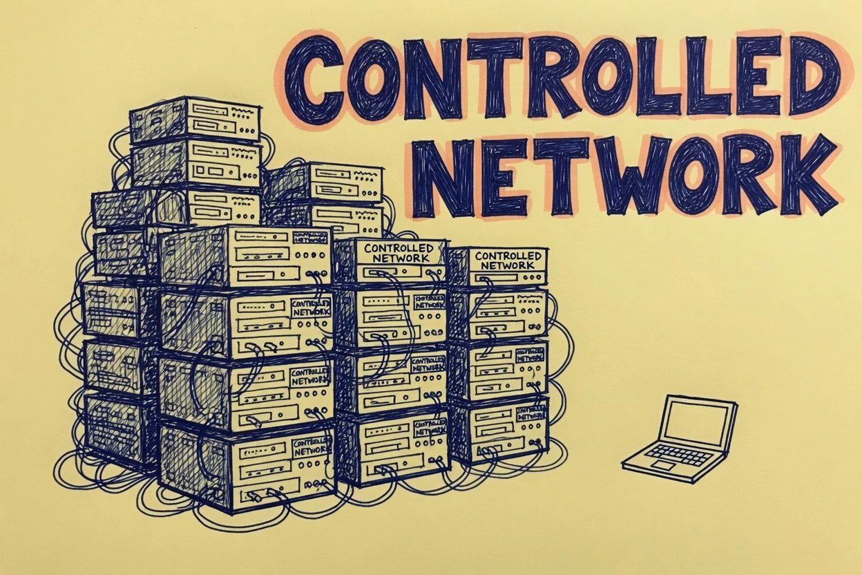 Yellow paper sketch of a large dim server cluster labeled controlled network, with a small unmarked laptop drawn in the margin.