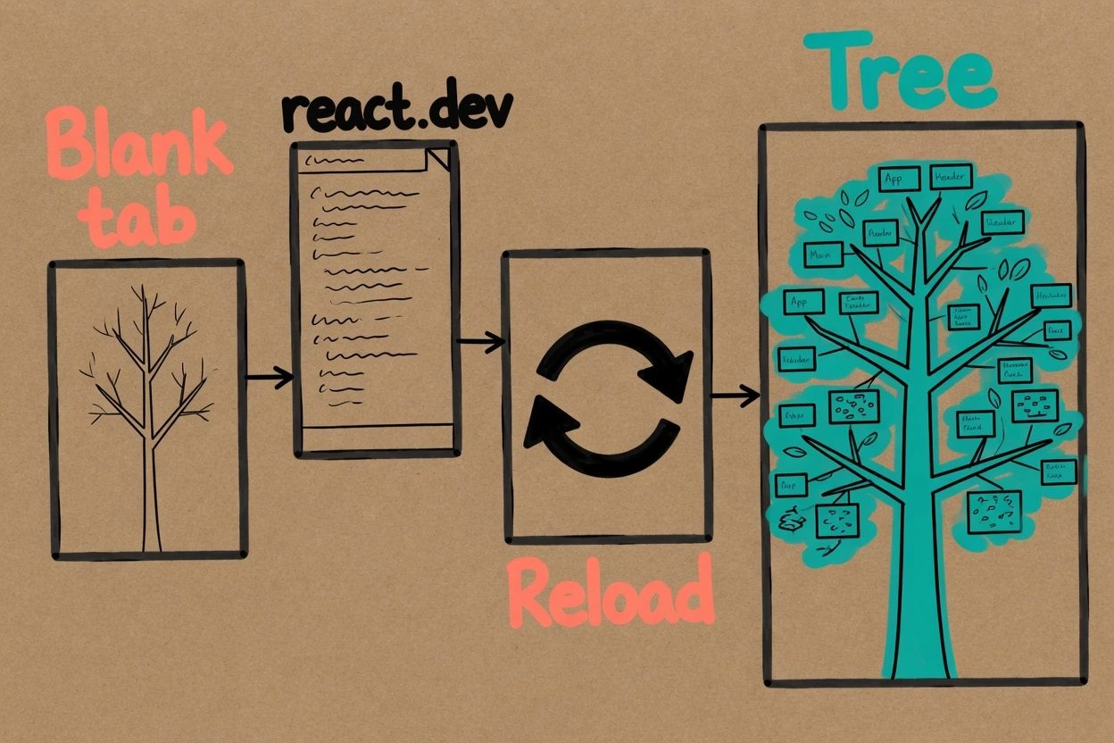 Kraft checklist with teal ticks on Firefox 128+ and React page, a New tab box crossed in coral