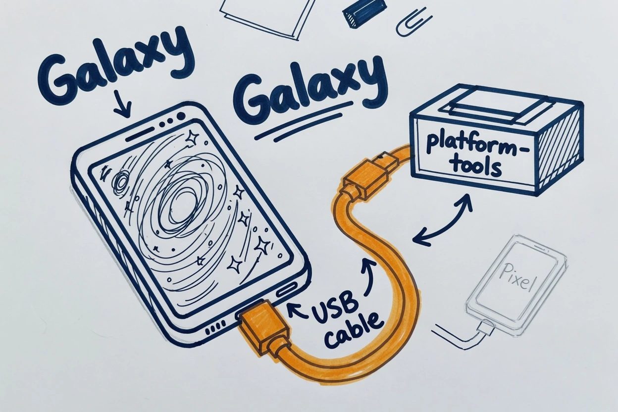 Unlined white paper kit with a Galaxy, a USB cable, and a platform-tools box, a small Pixel card pushed to the side