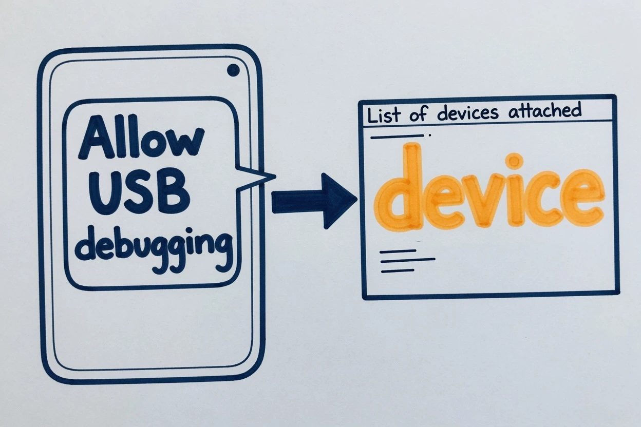 Phone card lettered Allow USB debugging beside a terminal that prints List of devices attached and the word device