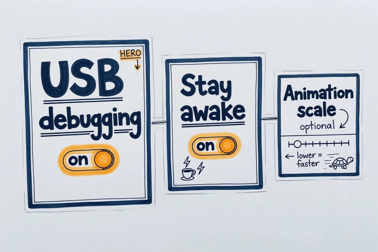 Three white-paper cards, USB debugging and Stay awake highlighted amber and on, a smaller Animation scale card marked optional