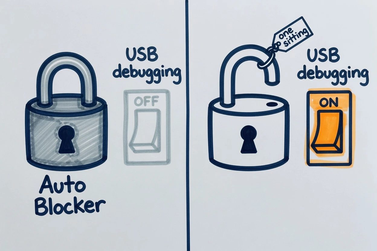 Split sketchnote, a closed Auto Blocker padlock greying a USB switch on the left, the padlock open for one sitting and the USB switch amber on the right