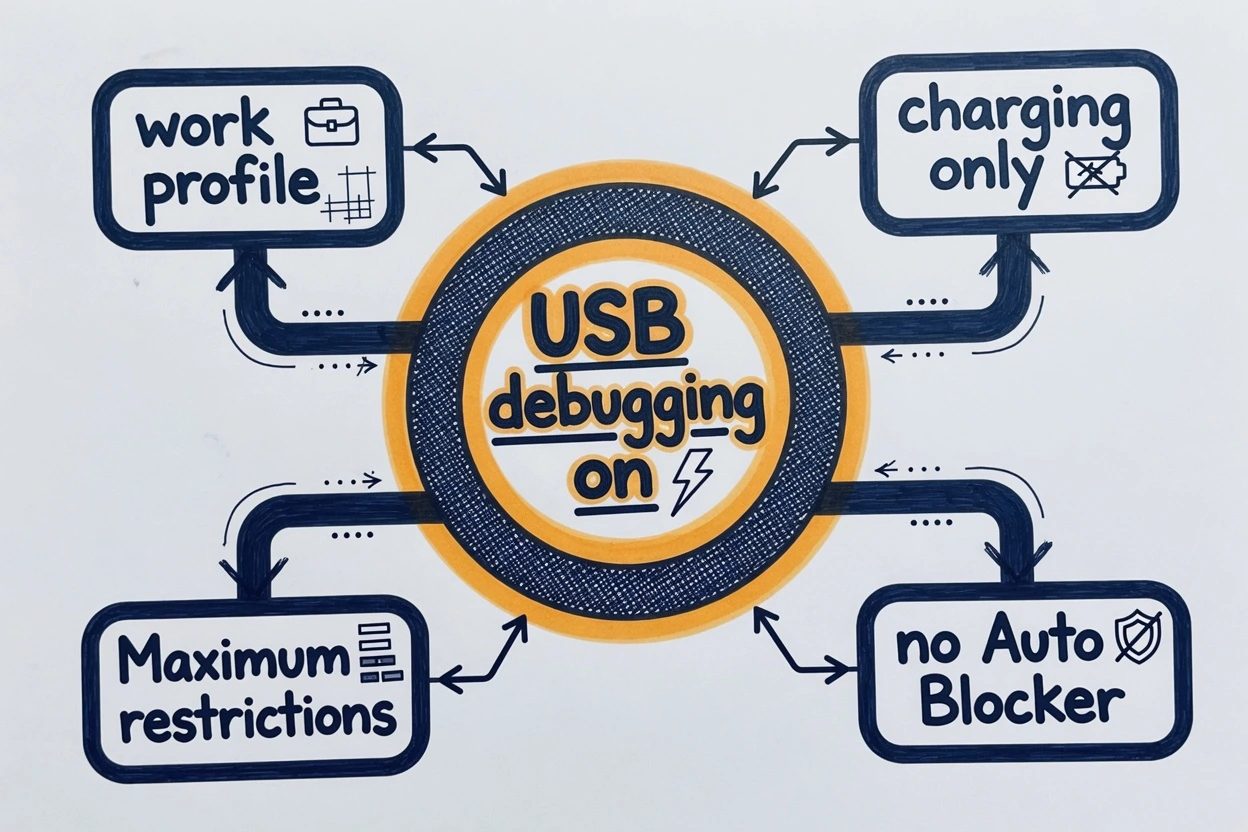 Hub on white paper with a live USB debugging on center and four dim branches labeled charging only, no Auto Blocker, Maximum restrictions, and work profile