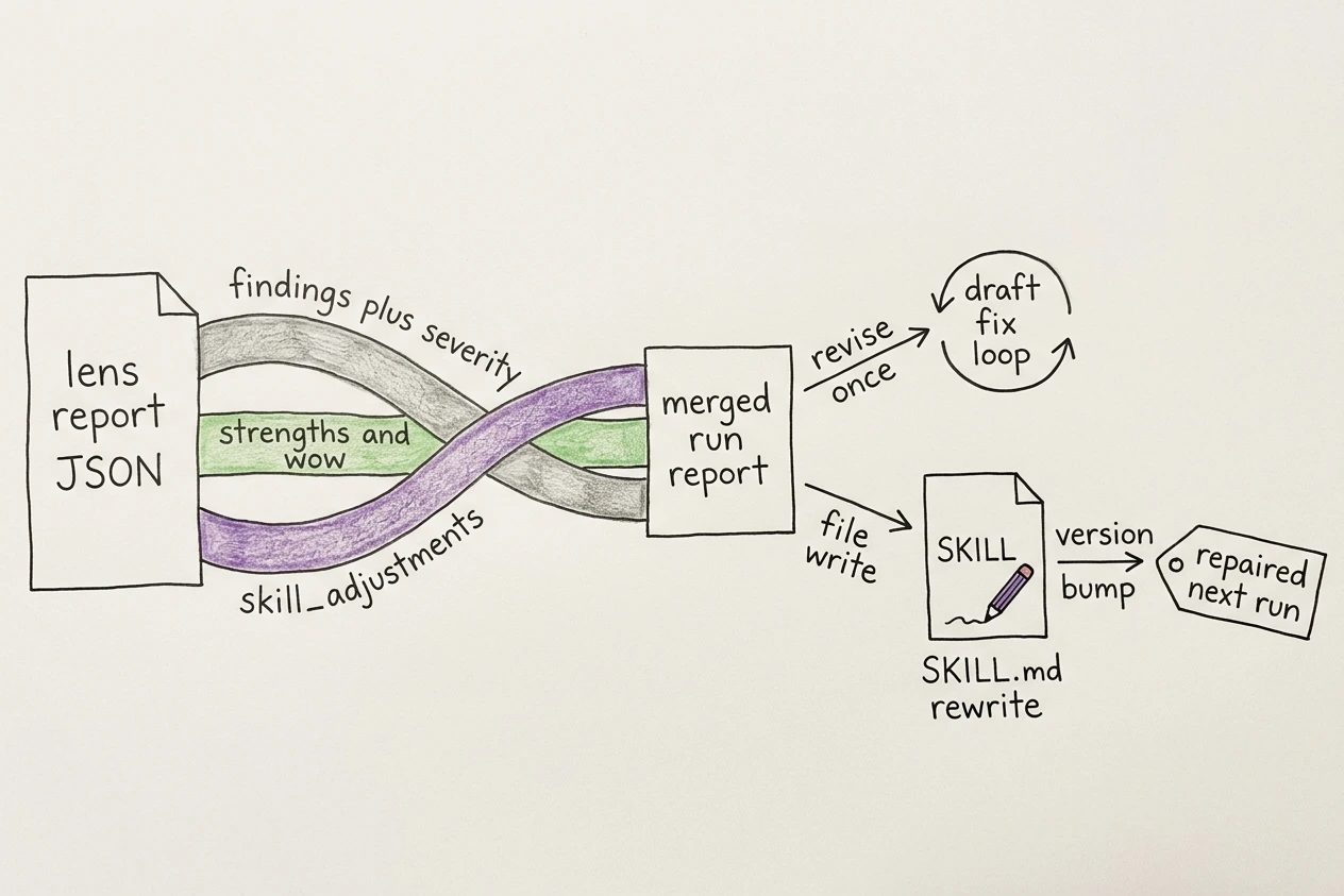 Hand-drawn braid in coloured pencil. A page lettered lens report JSON splits into three streams lettered findings plus severity, strengths and wow, and skill_adjustments. They braid into a box lettered merged run report, which writes to draft fix loop and to SKILL.md rewrite, ending at a tag lettered repaired next run.