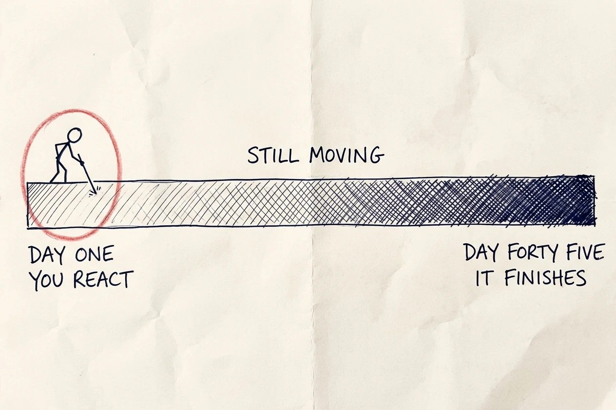 A rollout drawn as a long band that thickens from left to right over 45 days, with a small figure at day one poking at the empty end of it.