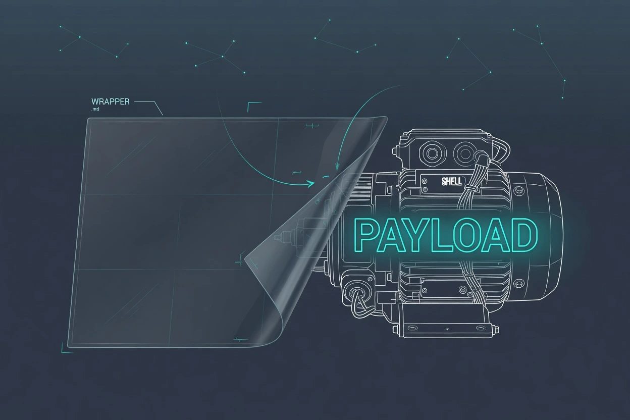 A dim glass sheet labelled WRAPPER peeled back from a teal motor block labelled PAYLOAD and SHELL