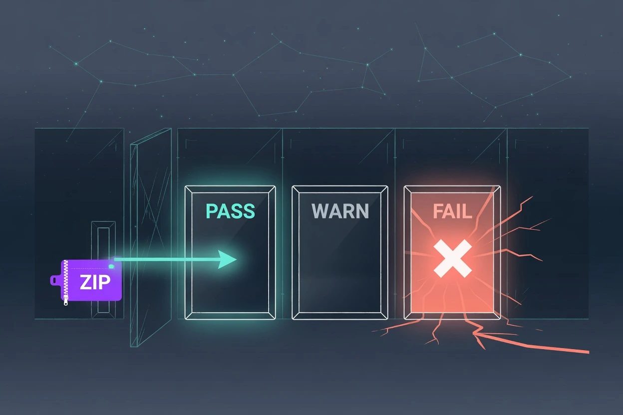 A zip brick entering a glass gate with bins labelled PASS, WARN, and a coral FAIL wall