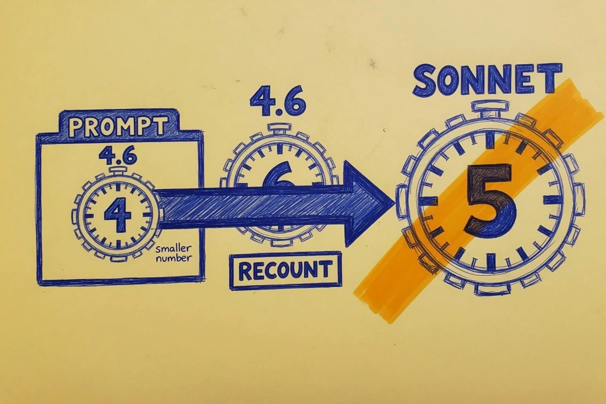 Yellow-paper sketch of a PROMPT card splitting into a small 4.6 counter and a larger highlighted SONNET 5 counter labeled RECOUNT