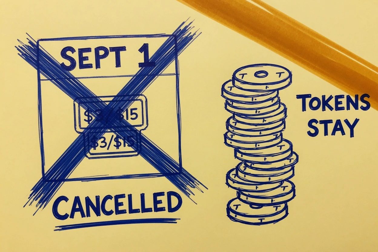 Yellow-paper sketch of a SEPT 1 calendar with CANCELLED over $3 / $15 beside a still-tall token stack labeled TOKENS STAY