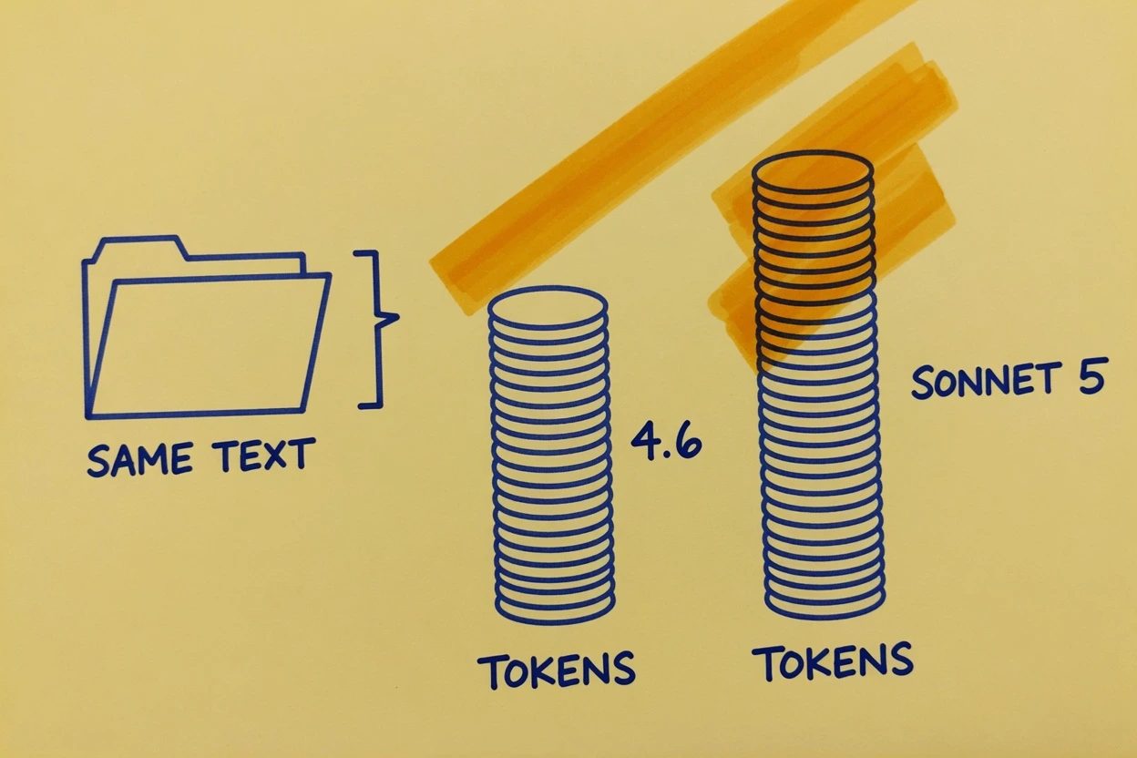 Yellow-paper sketch of one file labeled SAME TEXT next to a short 4.6 token stack and a taller SONNET 5 stack