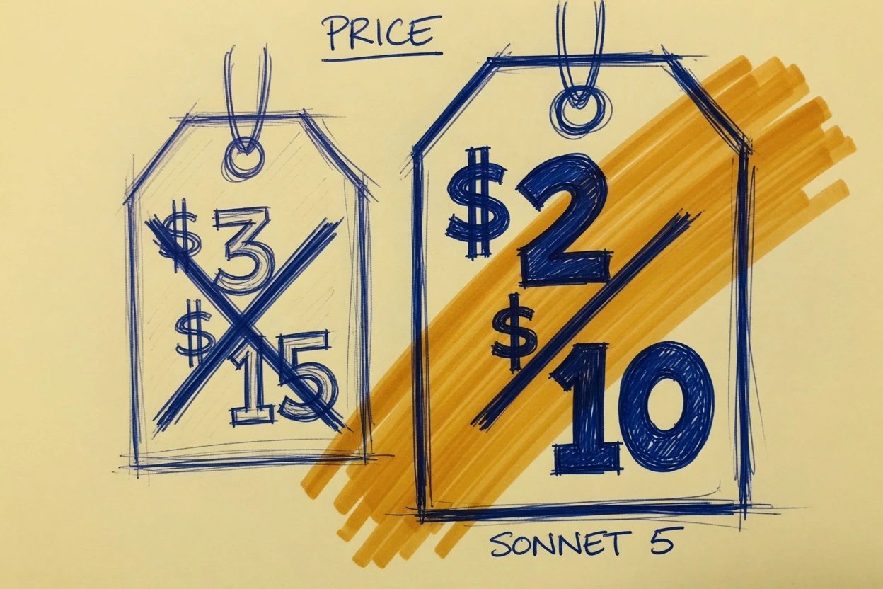 Yellow-paper sketch of a crossed-out $3 / $15 price tag beside a highlighted $2 / $10 tag labeled PRICE and SONNET 5