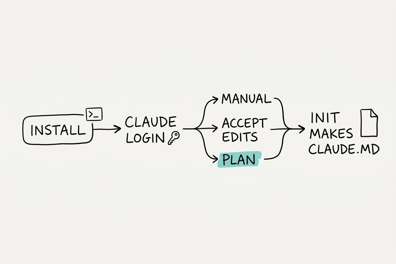 A four-station sequence runs left to right from install to Claude login to a three-way branch reading Manual, accept edits, and plan, ending at init makes claude dot m d, with the plan branch marked in teal