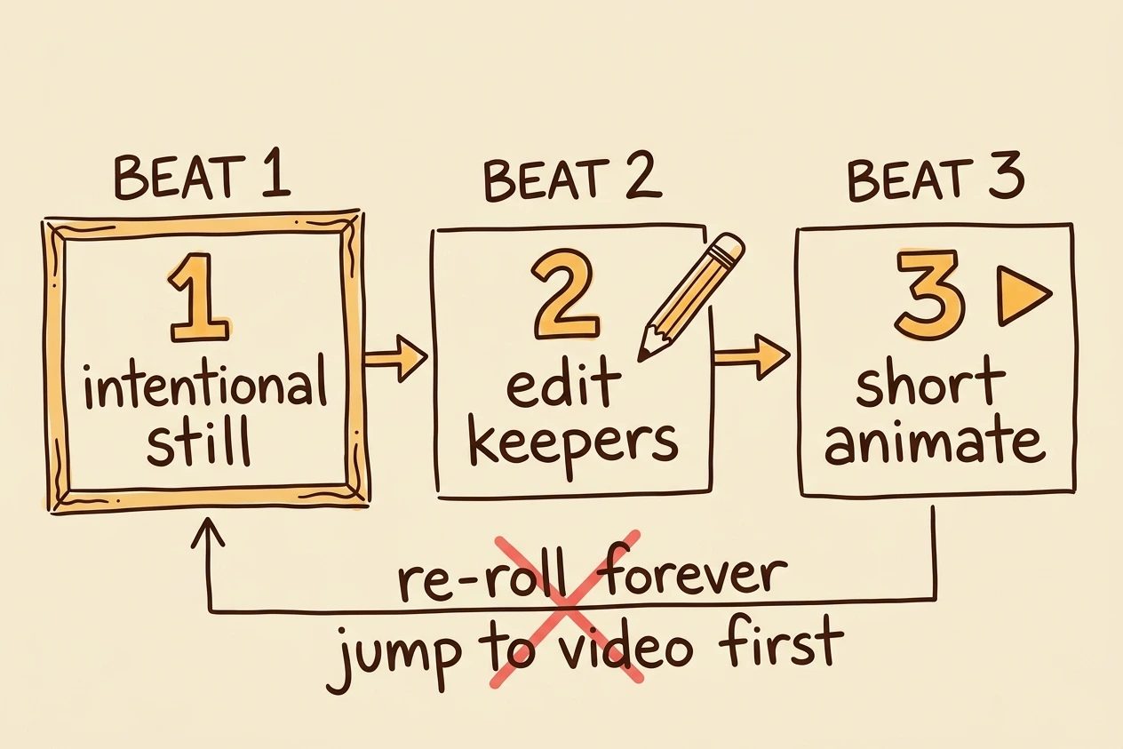 Three-step path from intentional still to edit keepers to short animate, with re-roll forever and jump to video first crossed out.