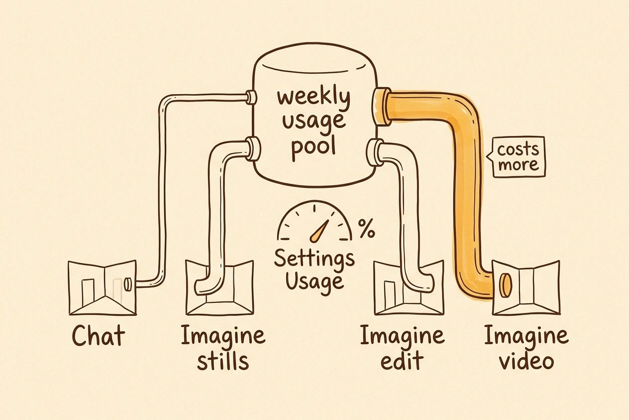 Hand-drawn map of Chat, Imagine stills, Imagine edit, and Imagine video feeding one weekly usage pool tank with a Settings Usage gauge.