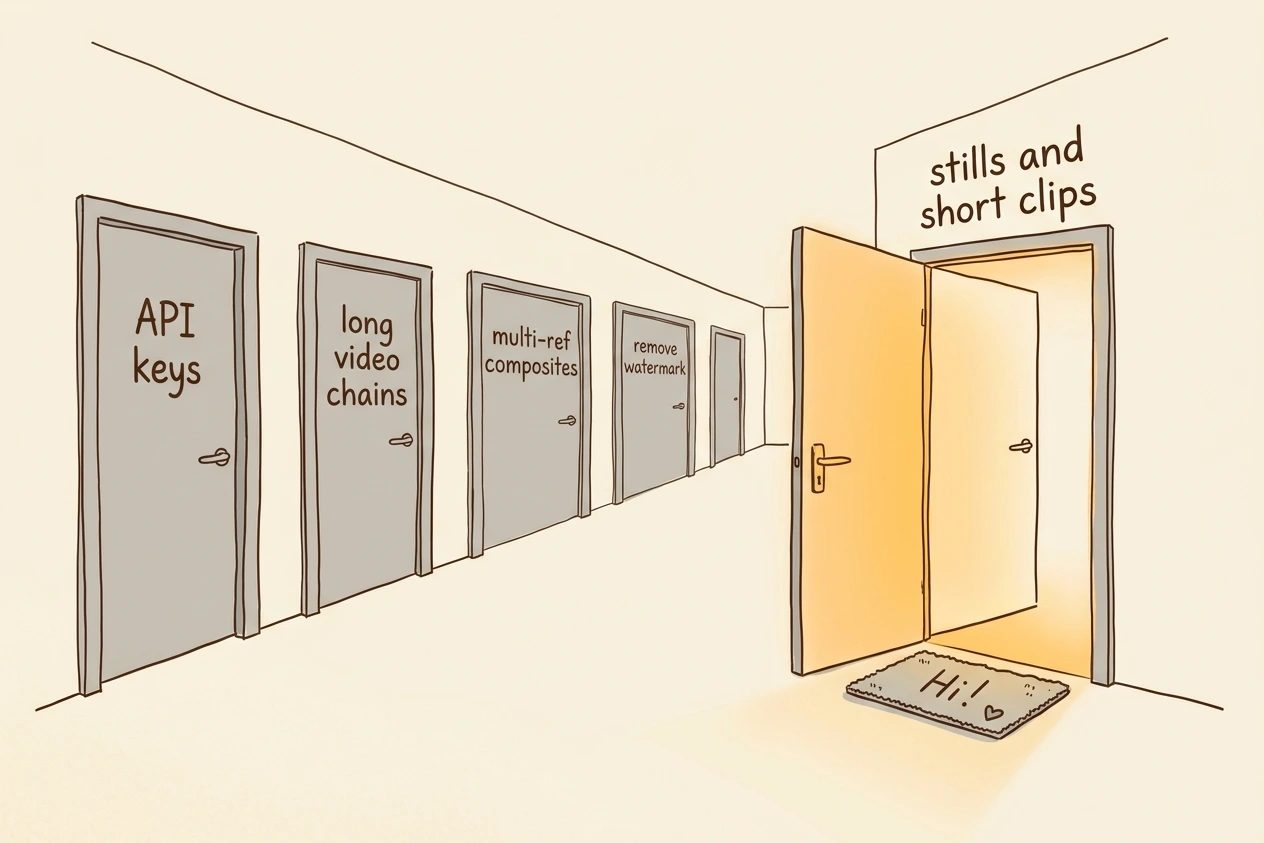 Hallway of closed doors for API keys, long video chains, multi-ref composites, and watermark removal, with one open door for stills and short clips.