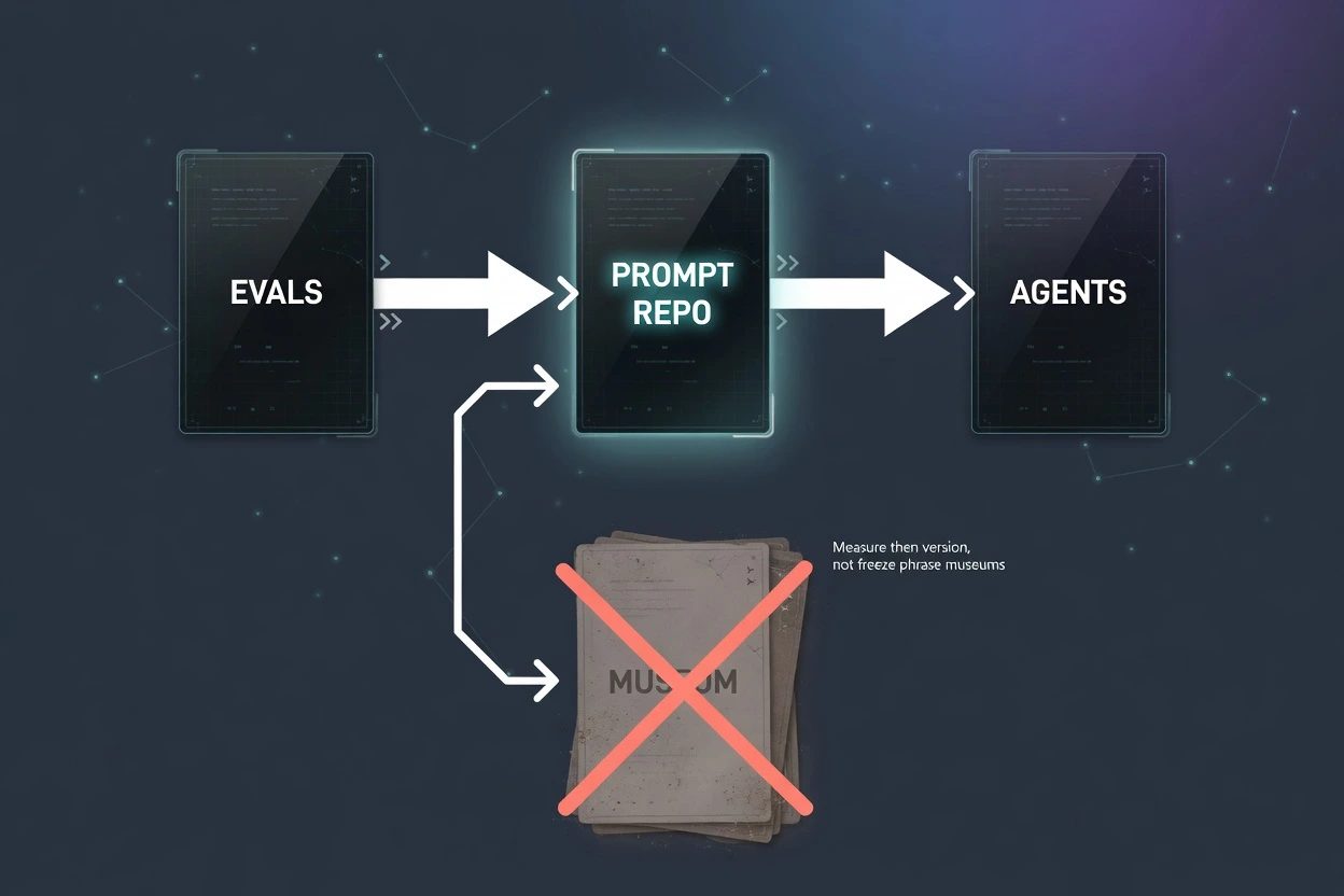 Pipeline from EVALS through PROMPT REPO to AGENTS with a rejected dusty museum stack on the side
