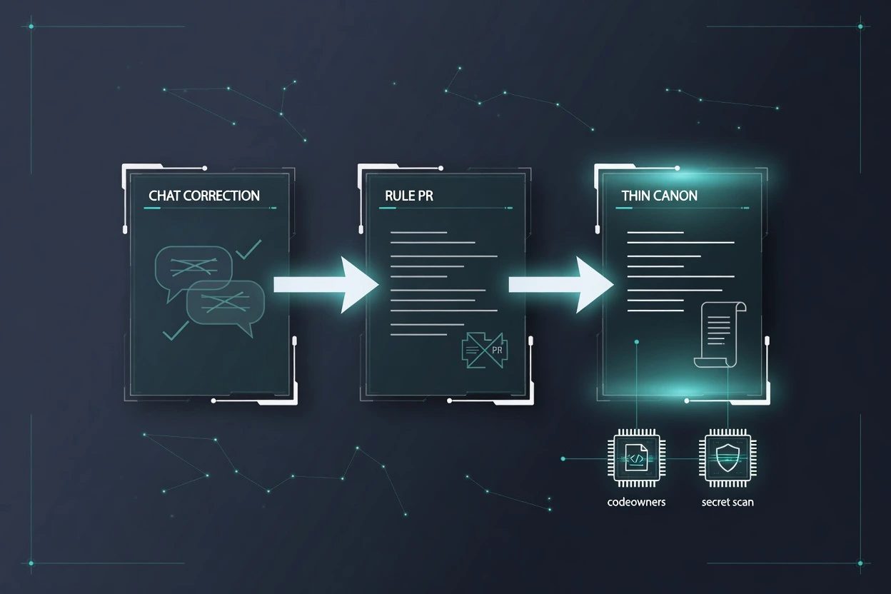 Pipeline from CHAT CORRECTION to RULE PR to THIN CANON with CODEOWNERS and secret scan chips