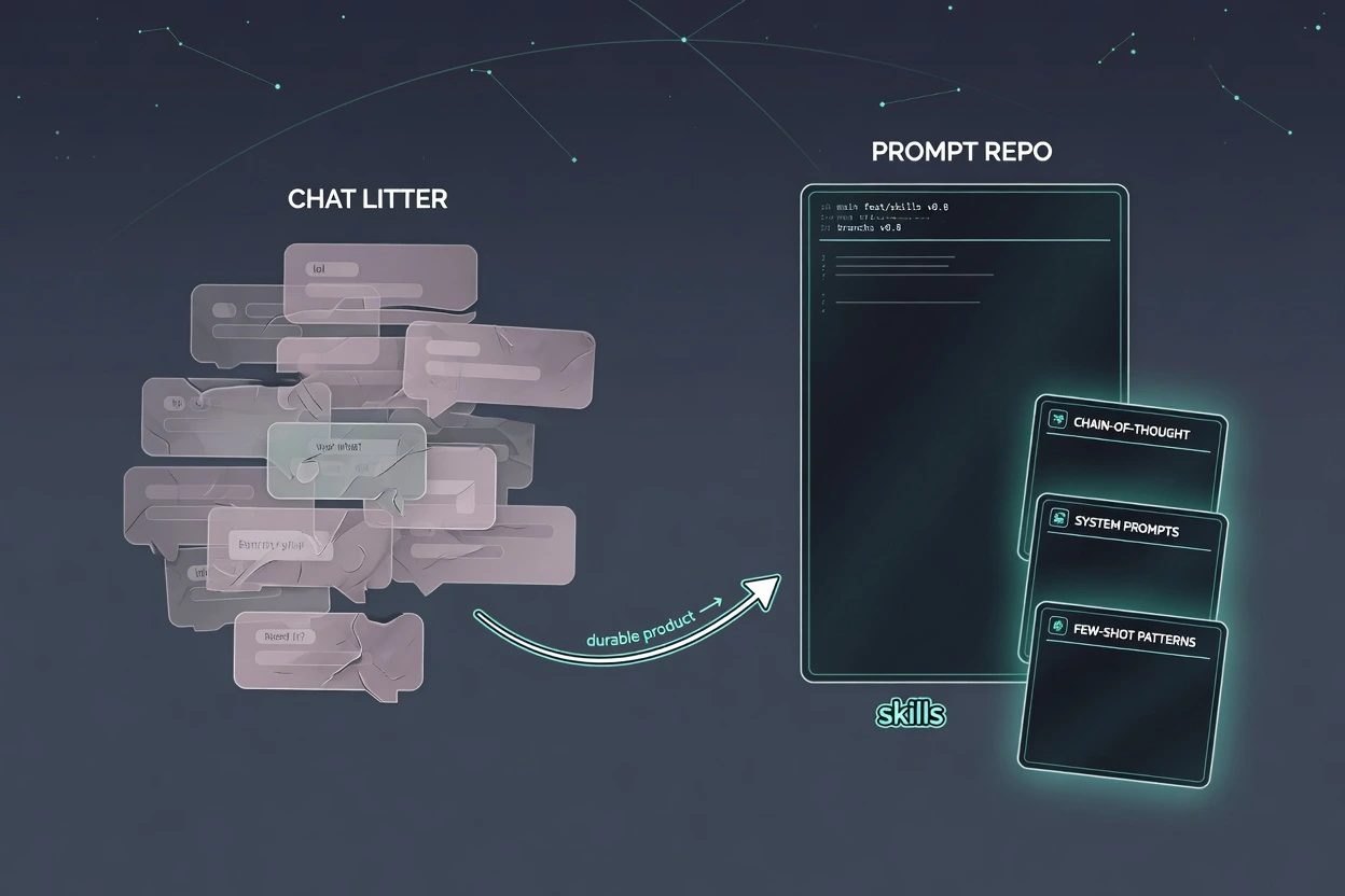 Hub diagram with a monorepo card at center and orbiting cards for AGENTS.md, CLAUDE.md, skills, and prompt modules