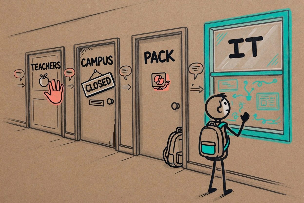 Three marked doors for TEACHERS, CAMPUS, and PACK, plus a fourth unmarked IT window that a student backpack faces