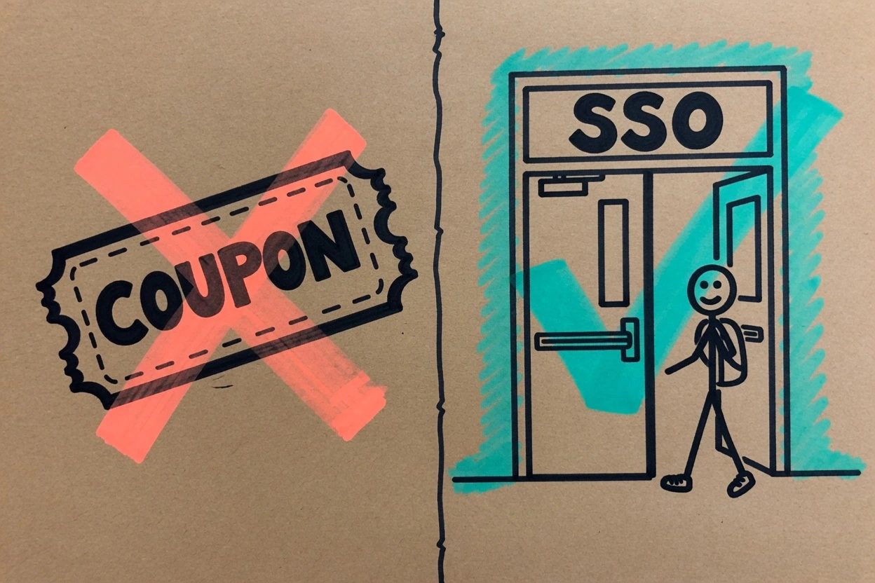 Split sketch with a dark coupon box marked by a coral X on the left and a lit campus SSO door with a teal check on the right