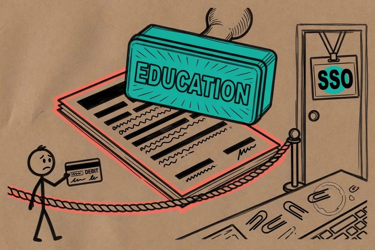 Campus purchasing office with a teal EDUCATION contract stamp, a student with a debit card stopped at a rope, and an SSO badge on the door