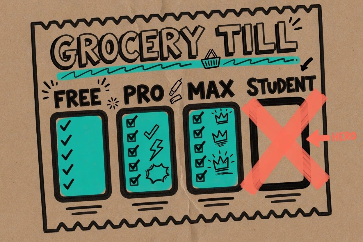 Kraft-paper grocery till with three lit slots labeled FREE, PRO, and MAX, and a dark empty fourth slot labeled STUDENT with a coral X