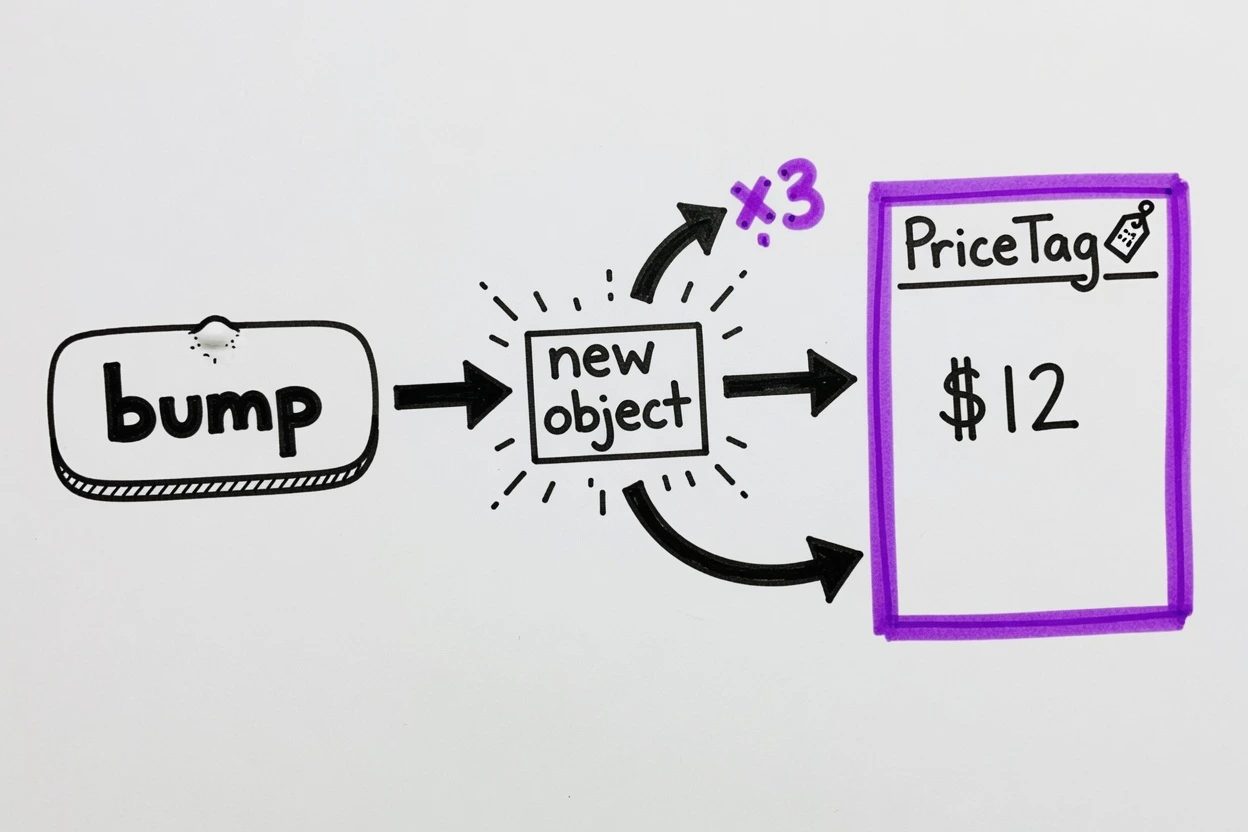 Unlined white-paper sequence, a bump button minting a new object into a PriceTag card with a purple outline and an x3 tick while $12 stays put