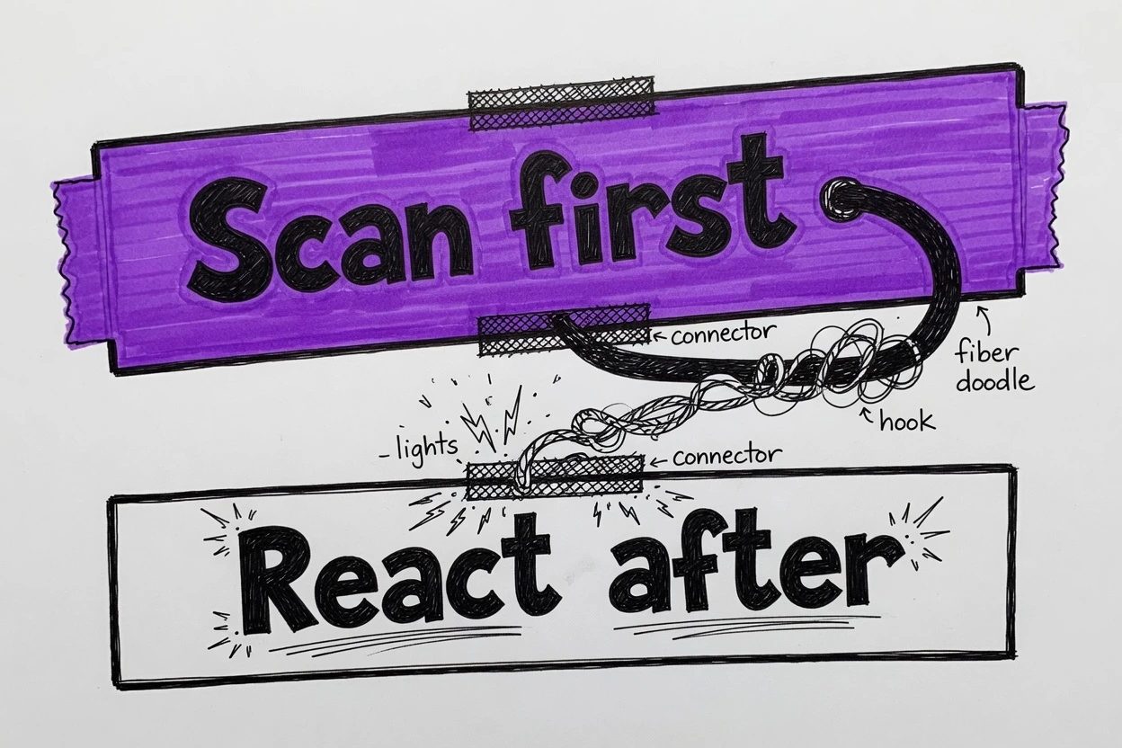 Unlined white-paper split, a DEV browser window with a React 16.8-19 stamp on the left, a PROD crate crossed out on the right