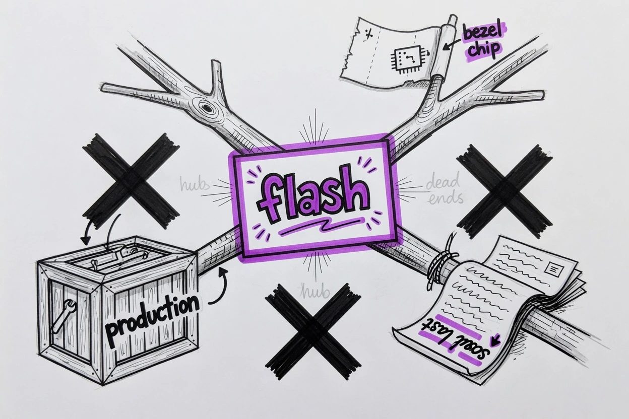Unlined white-paper hub, a live flash card in the center, three dead branches labeled production, bezel chip, and script last
