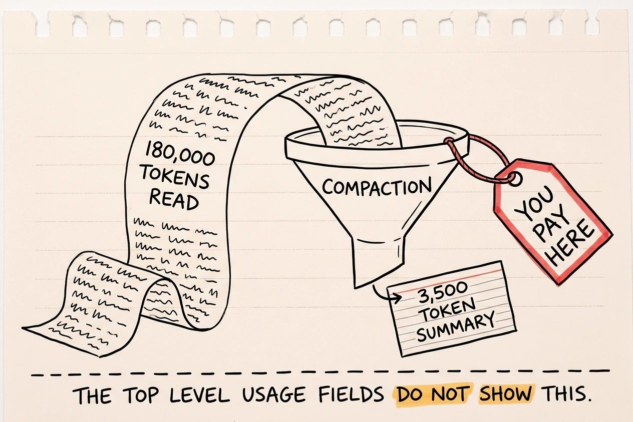 A huge tumbling scroll marked 180,000 tokens read feeds a funnel labelled compaction, which emits one small card marked 3,500 token summary, with a red price tag tied to the intake rather than the output.