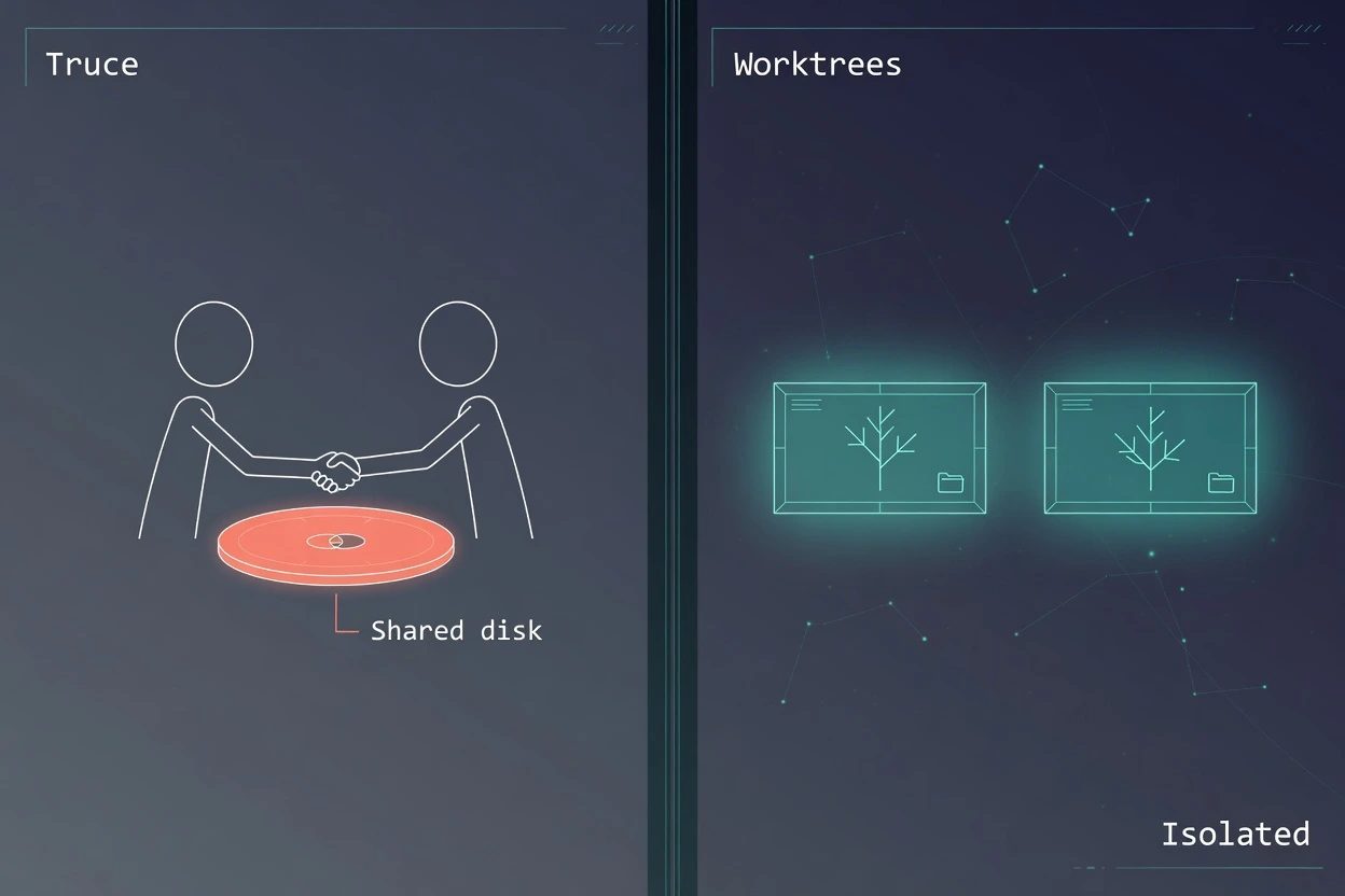 Split HUD with a muted coral handshake over a shared disk on the left and glowing teal worktree boxes on the right