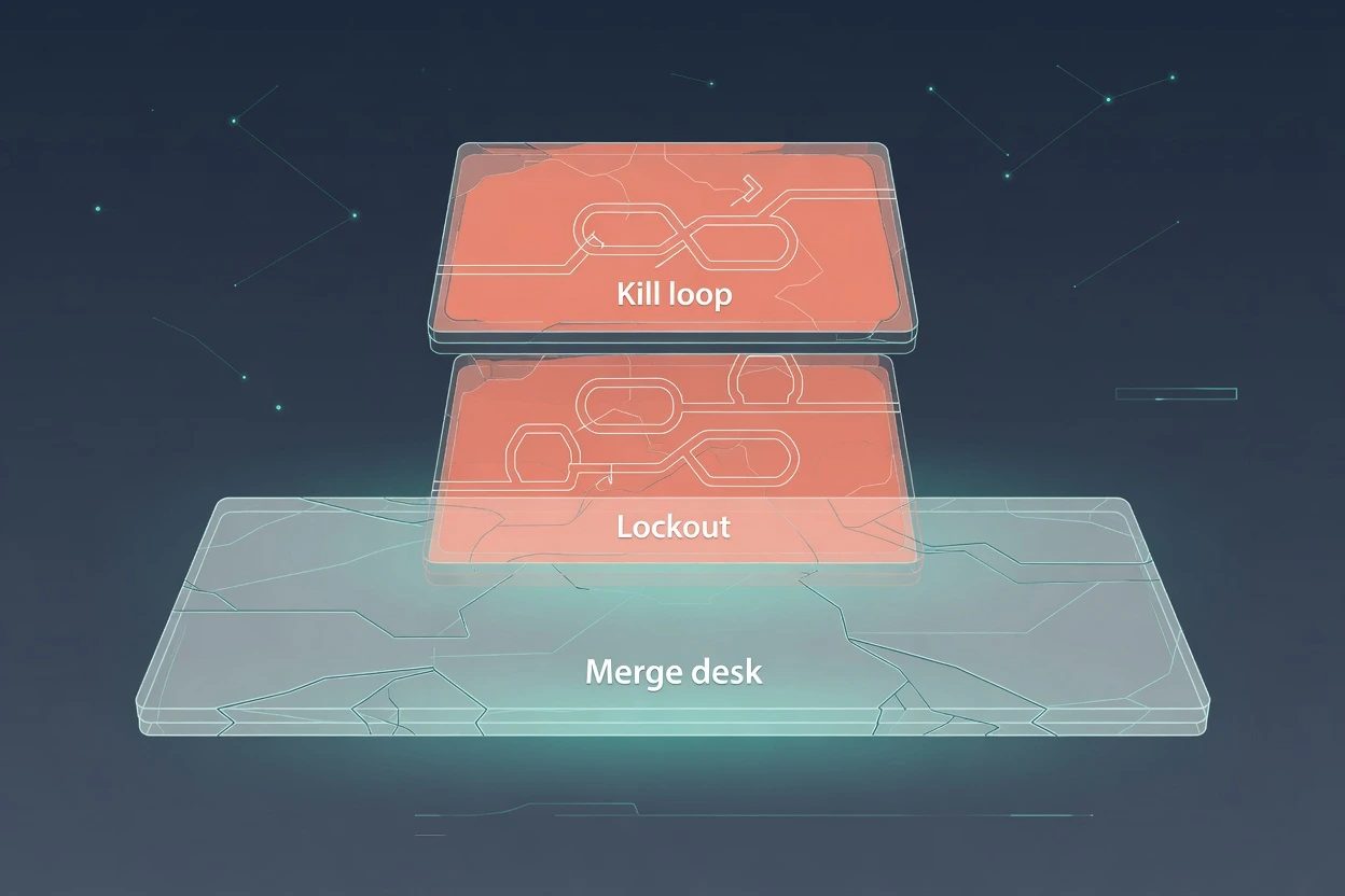 Coral kill-loop and lockout cards stacked above a dim human merge desk on a slate HUD