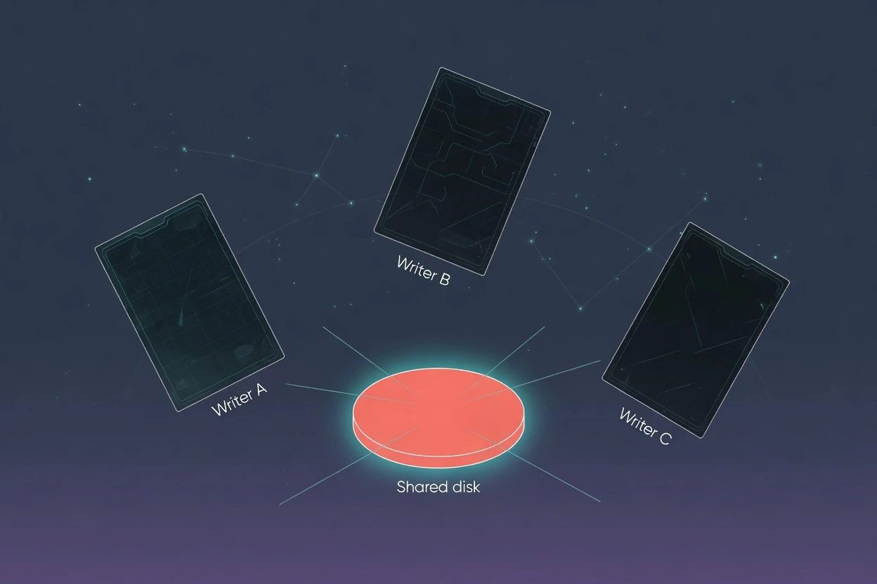 Three slate glass agent cards orbit one coral shared disk on a navy HUD field