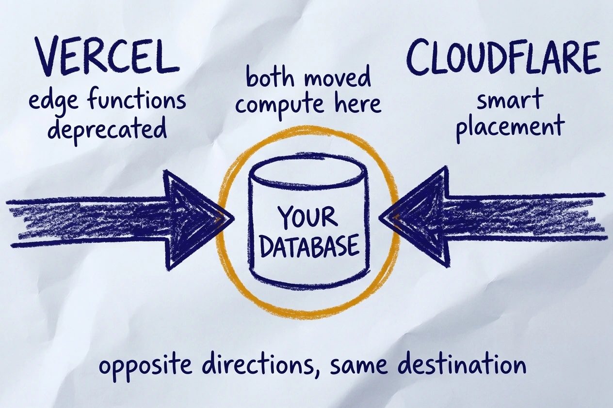 Two thick arrows travel inward from opposite edges of a crumpled sheet, one labelled Vercel and one labelled Cloudflare, converging on a database cylinder ringed in amber at the centre.