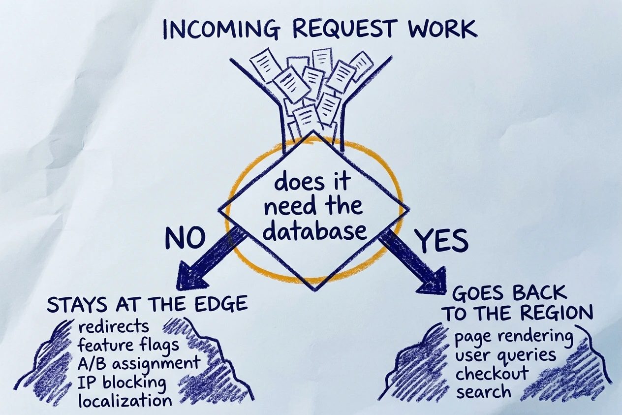 A sorting gate where incoming request work funnels into one amber-ringed question about needing the database, then splits left into work that stays at the edge and right into work that returns to the region.