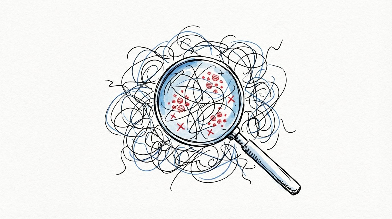 A magnifying glass hovering over tangled code revealing hidden bugs and security vulnerabilities